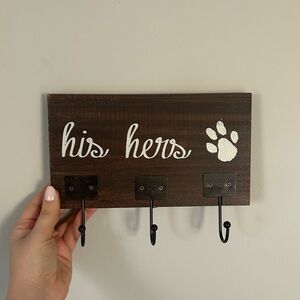 Dark Brown "His Hers" Wall Hook Rack with White Script and Paw
